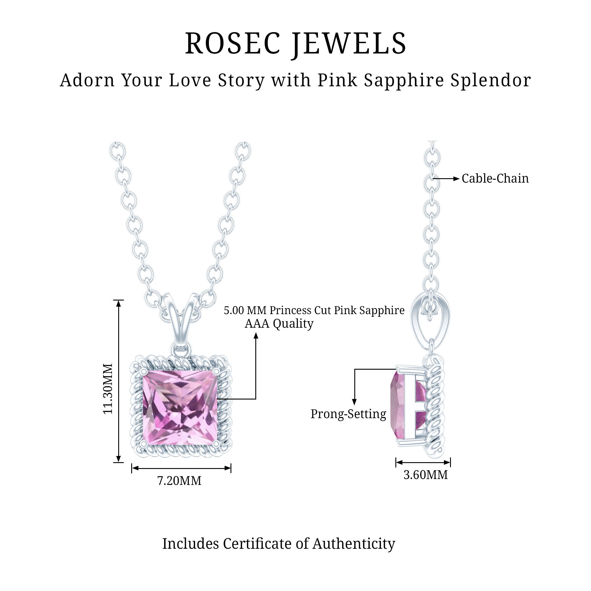 Natural Princess Cut Pink Sapphire Solitaire Pendant with Chain
