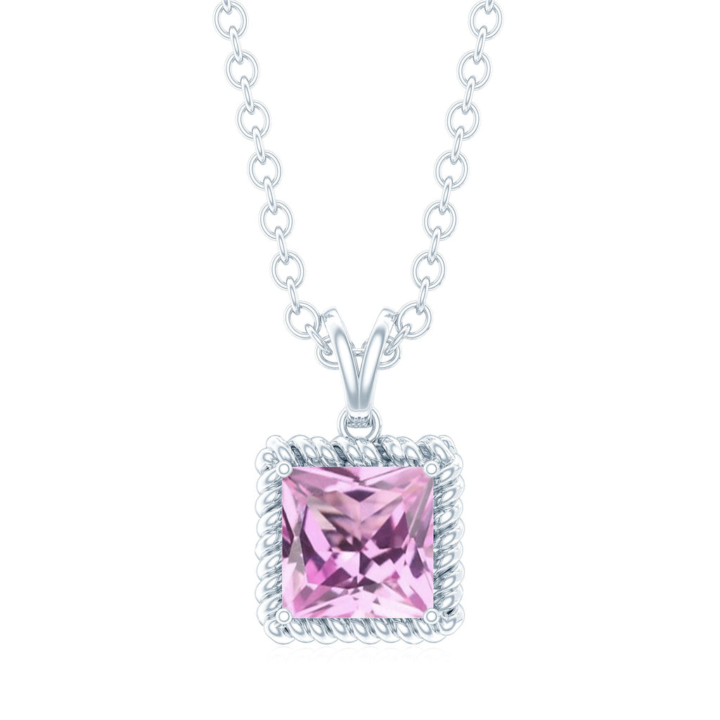 Natural Princess Cut Pink Sapphire Solitaire Pendant with Chain