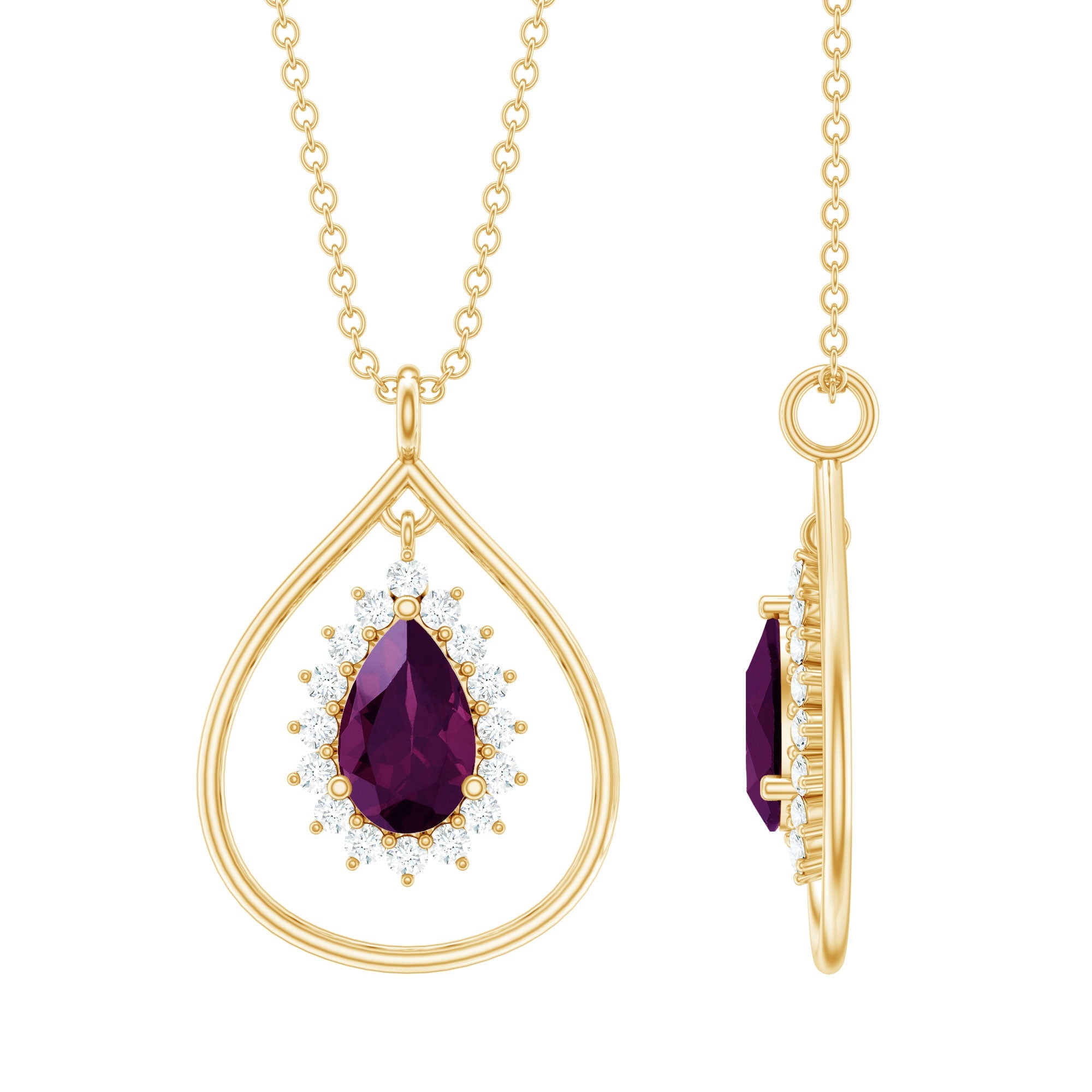 Rhodolite Garnet and Diamond Teardrop Necklace with Silver Chain