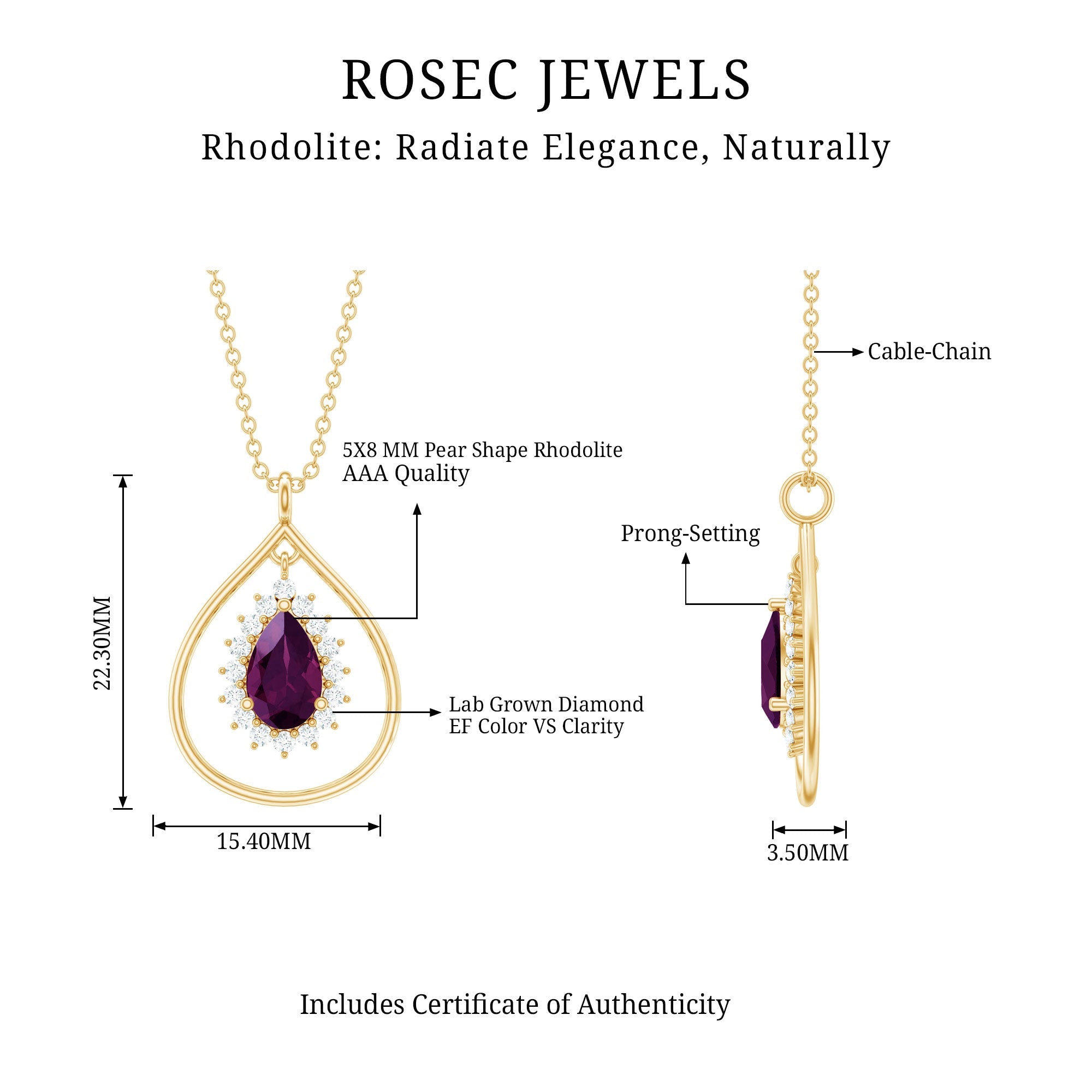 Rhodolite Garnet and Diamond Teardrop Necklace with Silver Chain
