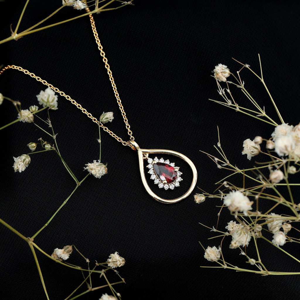 Rhodolite Garnet and Diamond Teardrop Necklace with Silver Chain