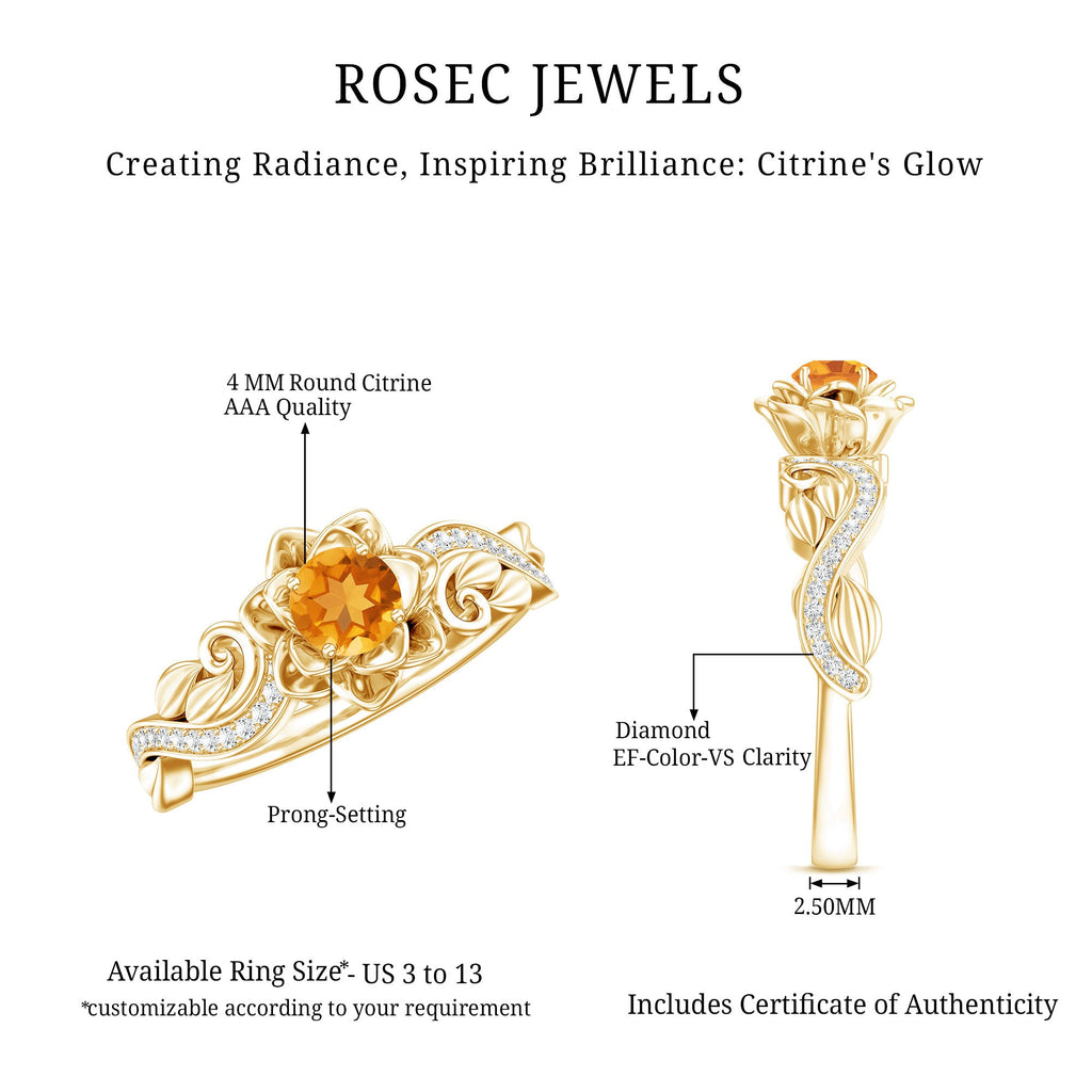 Genuine Citrine Rose Engagement Ring with Diamonds